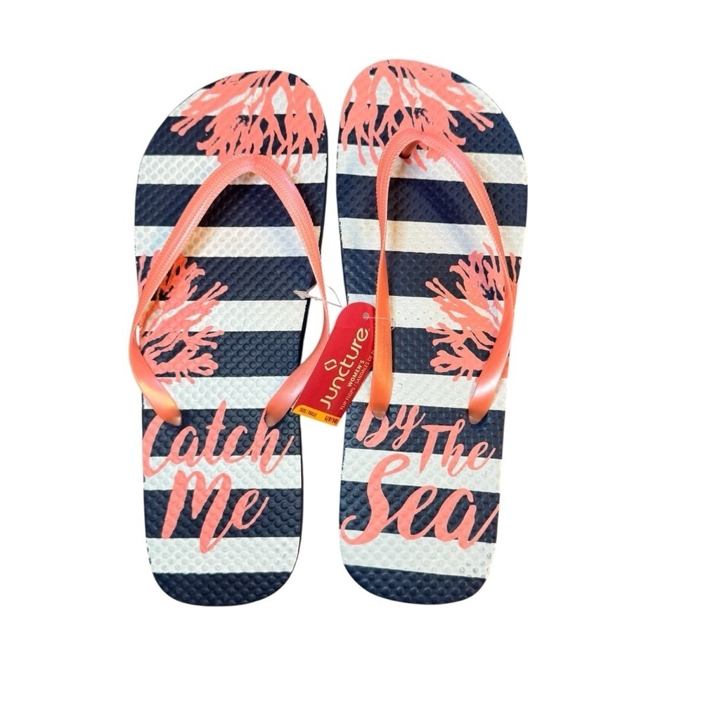 Juncture Flip-Flops Navy Blue and Pink "Catch Me By the Sea!" Print- Size L 9/10